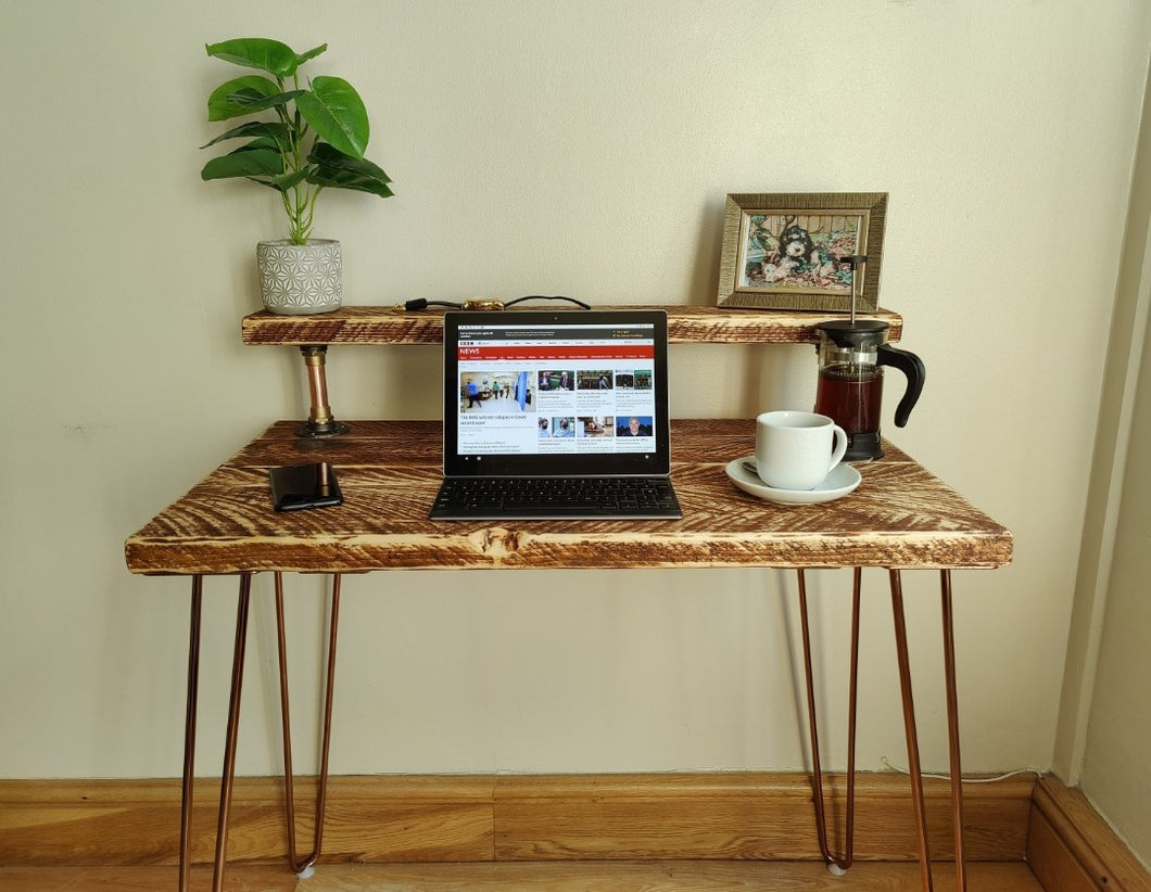 Rustic Desk, with Full Slim Shelf & Hairpin Legs