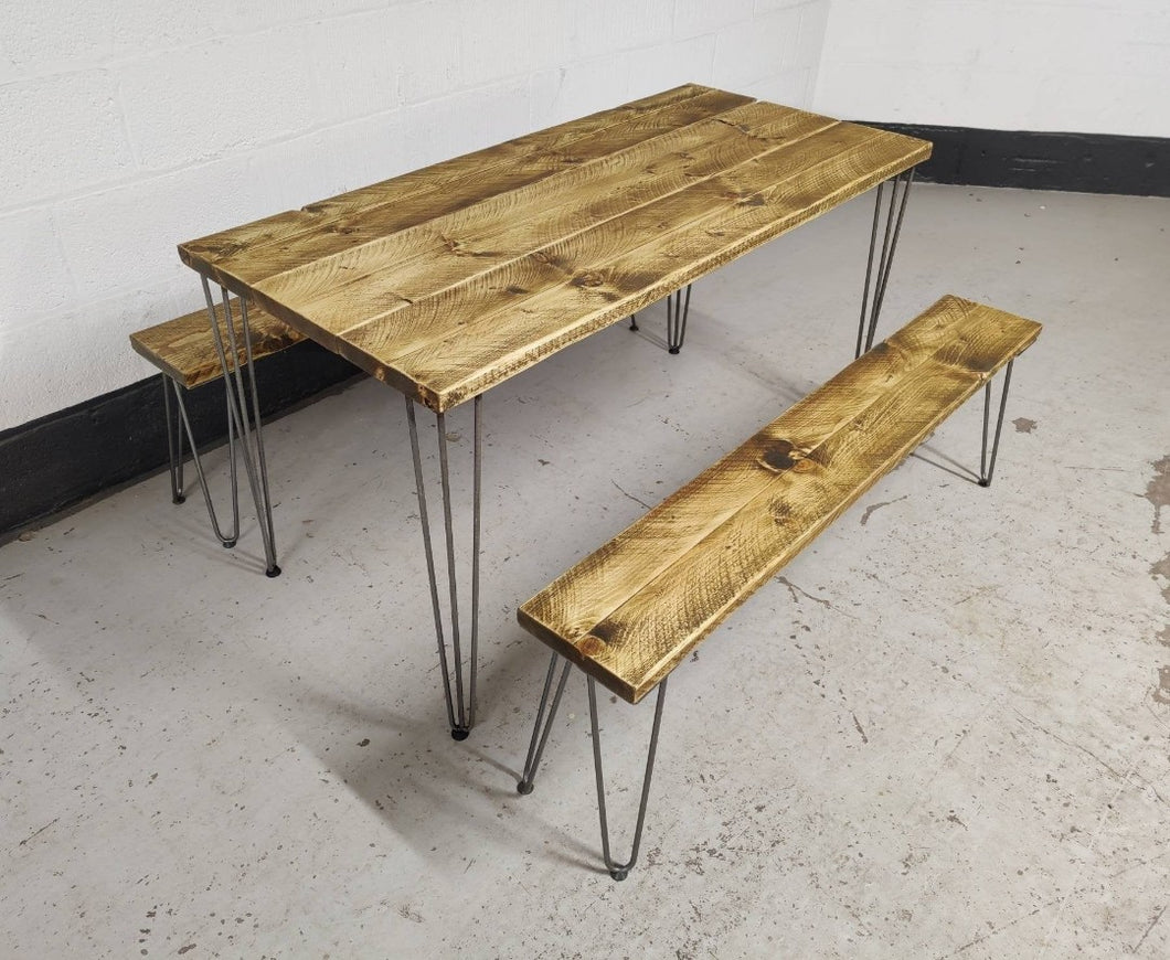 Rustic Dining Table, with One, or Two Benches, with Steel Hairpin Legs
