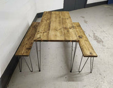 Load image into Gallery viewer, Rustic Dining Table, with One, or Two Benches, with Steel Hairpin Legs
