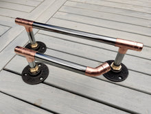 Load image into Gallery viewer, Industrial Designed Chrome/ Copper Pipe Towel Rail &amp; Loo Roll Holder Set
