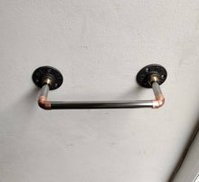 Load image into Gallery viewer, Industrial Designed Chrome/ Copper Pipe Towel Rail &amp; Loo Roll Holder Set
