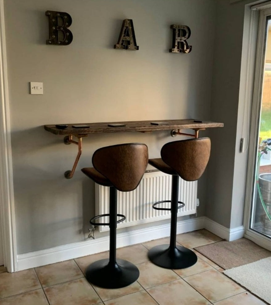 Rustic Breakfast Bar, supported by Copper Pipe Brackets