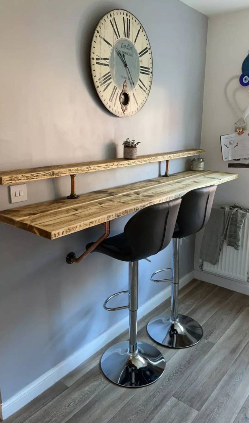 Rustic Two-Tier Breakfast Bar, Supported by Industrial Strength Copper Pipe Brackets