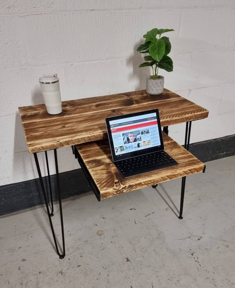 Rustic Desk, with Retractable Keyboard Shelf & Steel Hairpin Legs